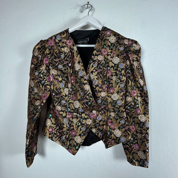 Vintage Endién Ltd. Womens Floral Brocade Jacket Size 8 Gold Double Breasted - Picture 1 of 9